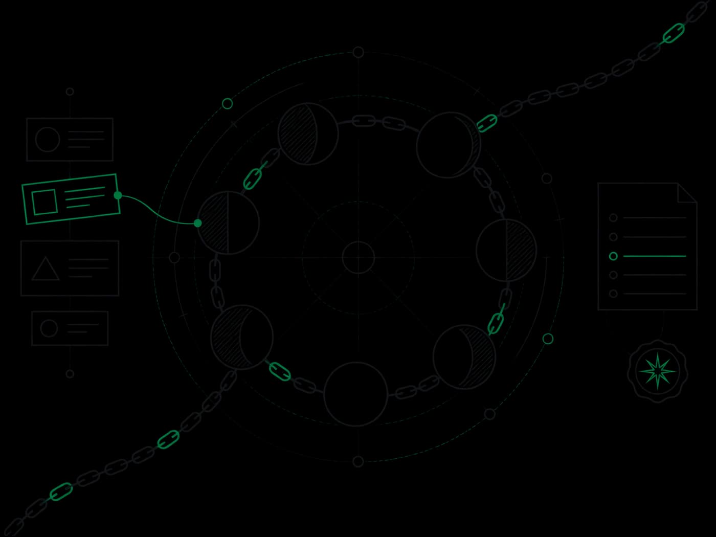 Line drawing: eight lunar phases linked by a chain into a closed cycle, inventory tiles drawn from a stack on the left, a ruled ledger and wax seal on the right.